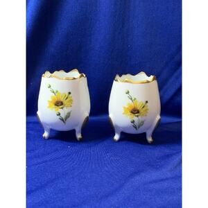Pair of Limoges France Porcelain Egg Shaped Footed Cups Yellow Daisy